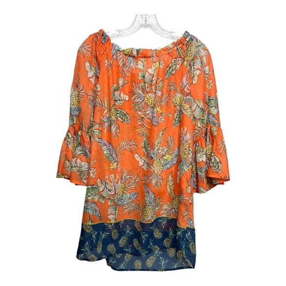 Beach Lunch Lounge Orange Pineapple Print Tunic Medium Semi Sheer - Picture 2 of 9